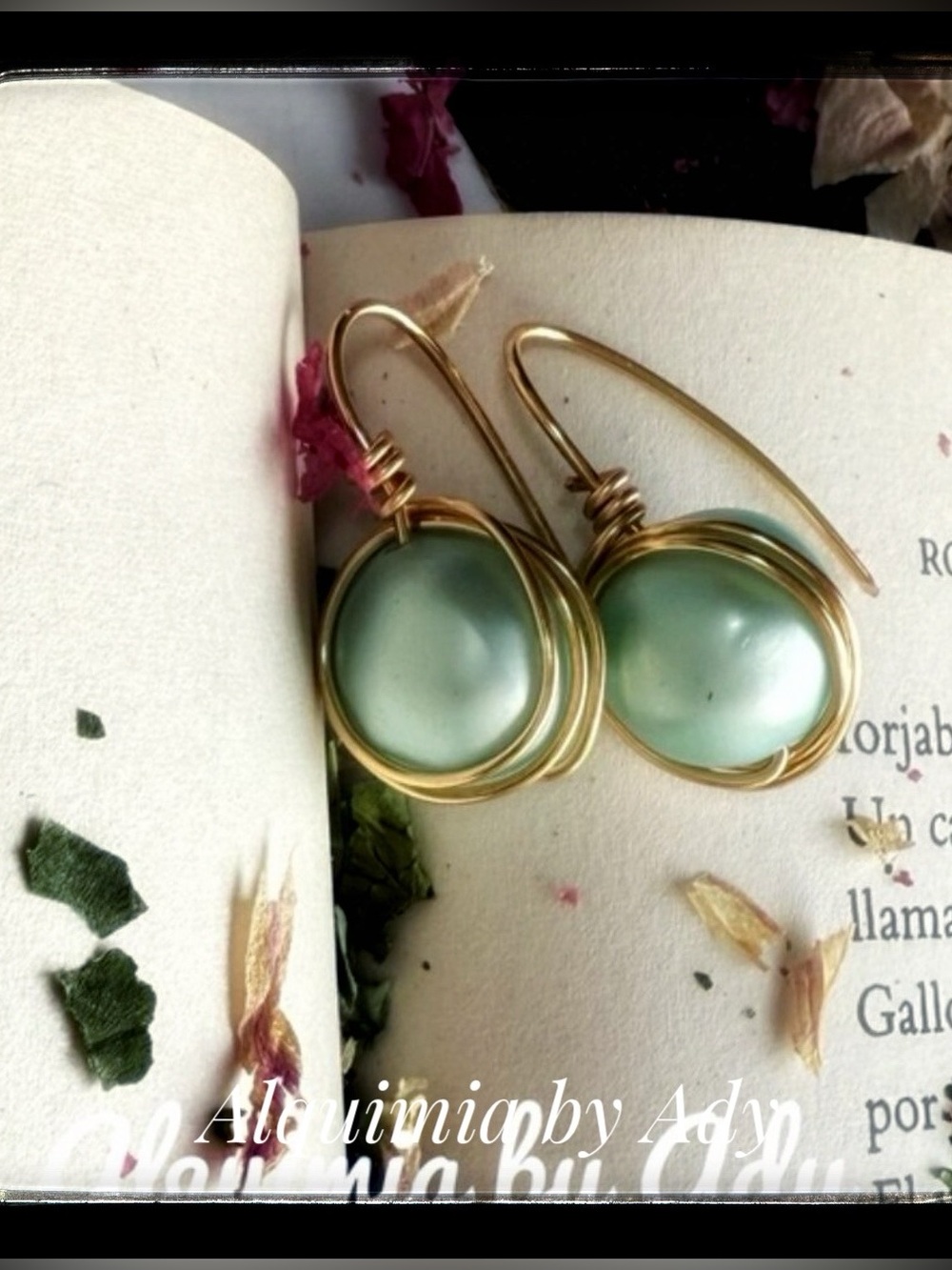 Handcrafted Gold Wire Green Pearl Drop Earrings